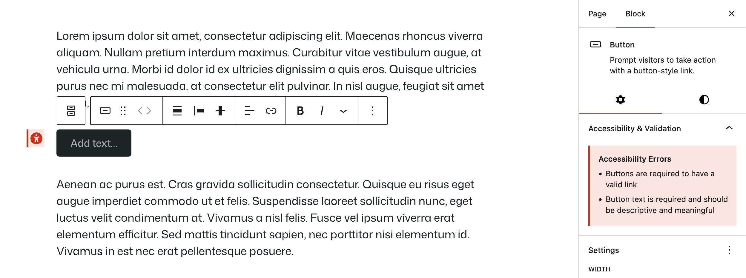An example of a button being validated for accessibility issues with the text and link attributes.