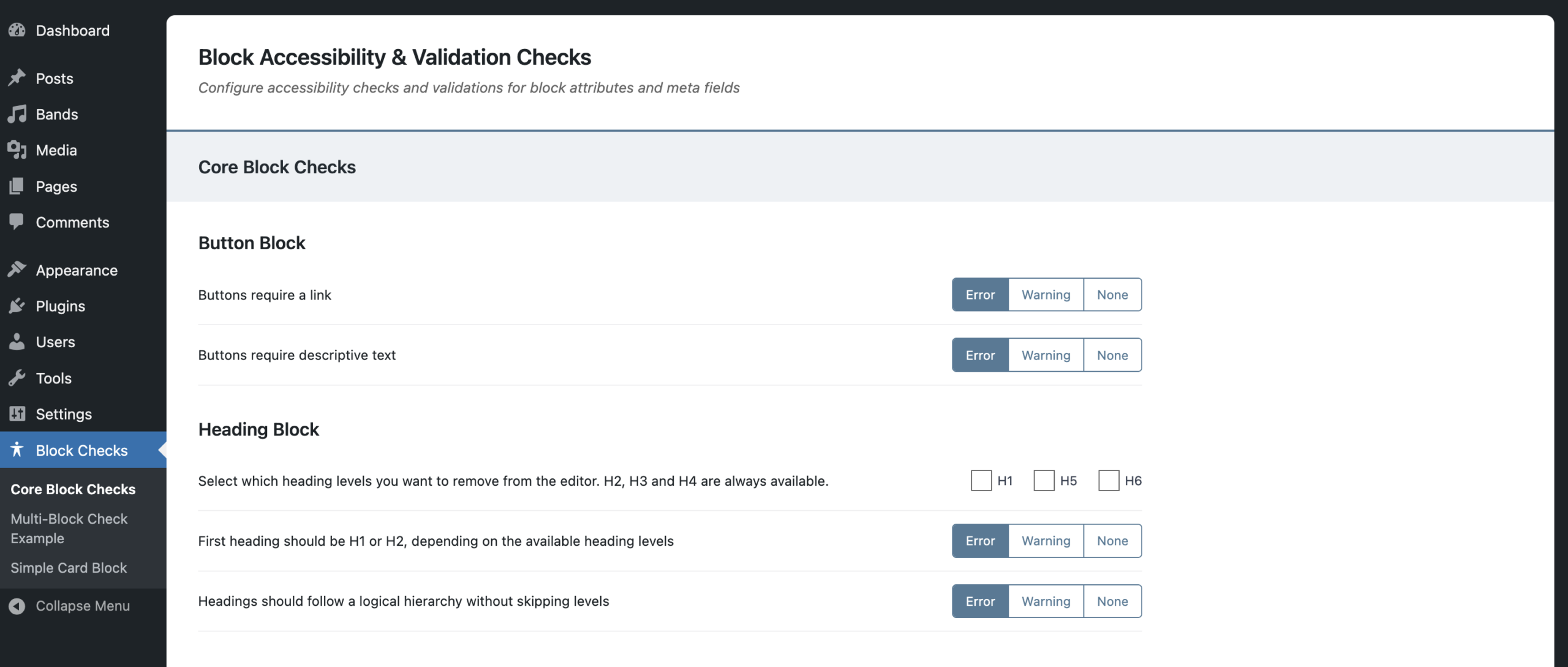 The settings page provides controls over the severity level of block attribute validation rules.