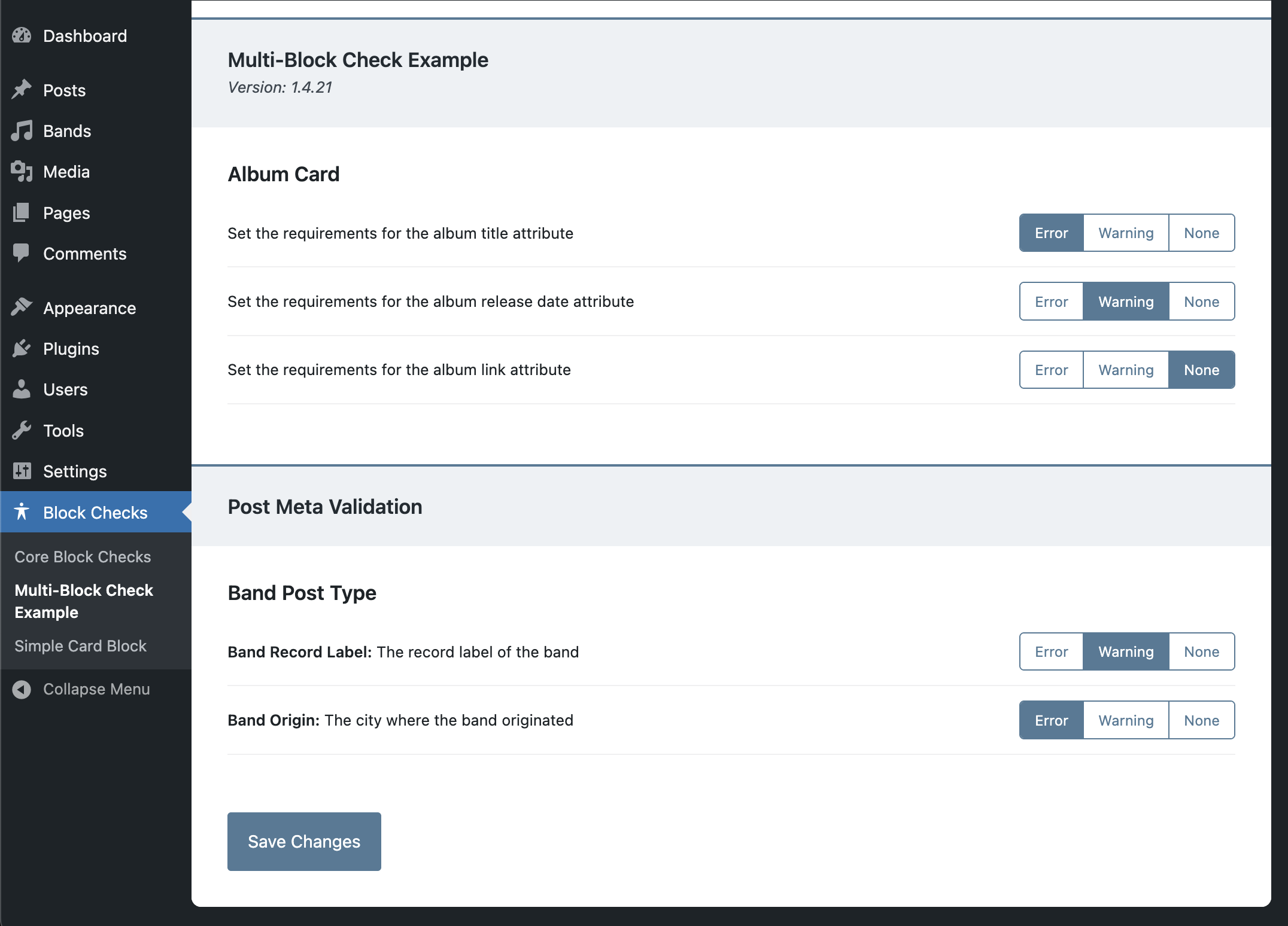 An example of post meta from an external plugn integrated into the Block Accessbility Checks settings page.