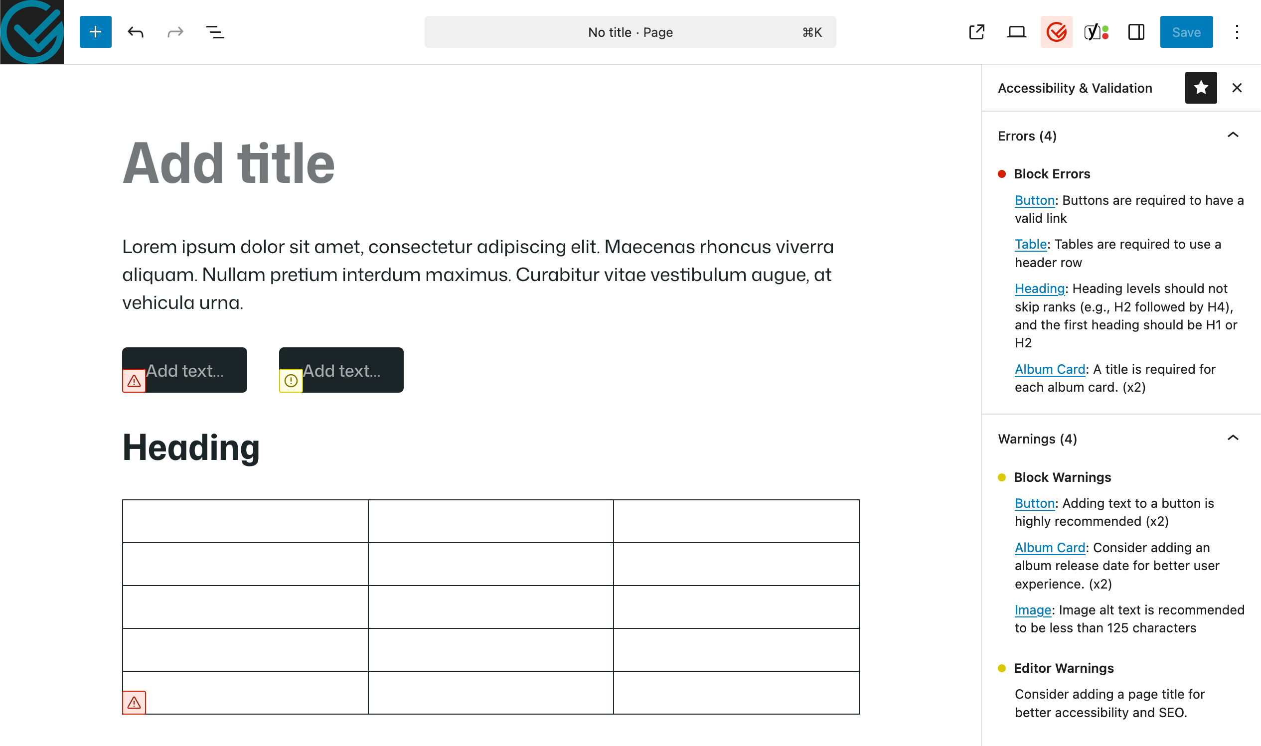 An example of a page with several accessibility and validation errors and warnings being displayed in the sidebar.